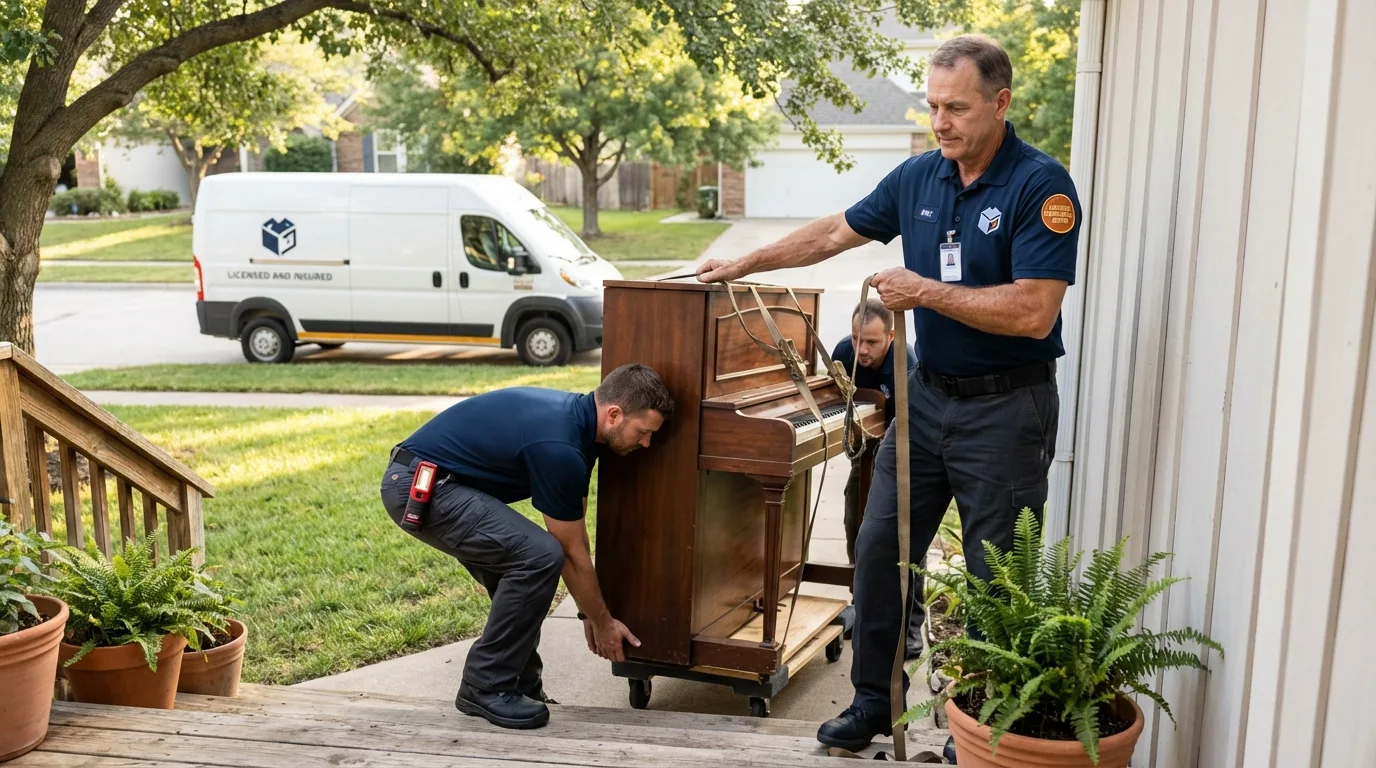 Licensed piano movers securing grand piano in Wichita, KS