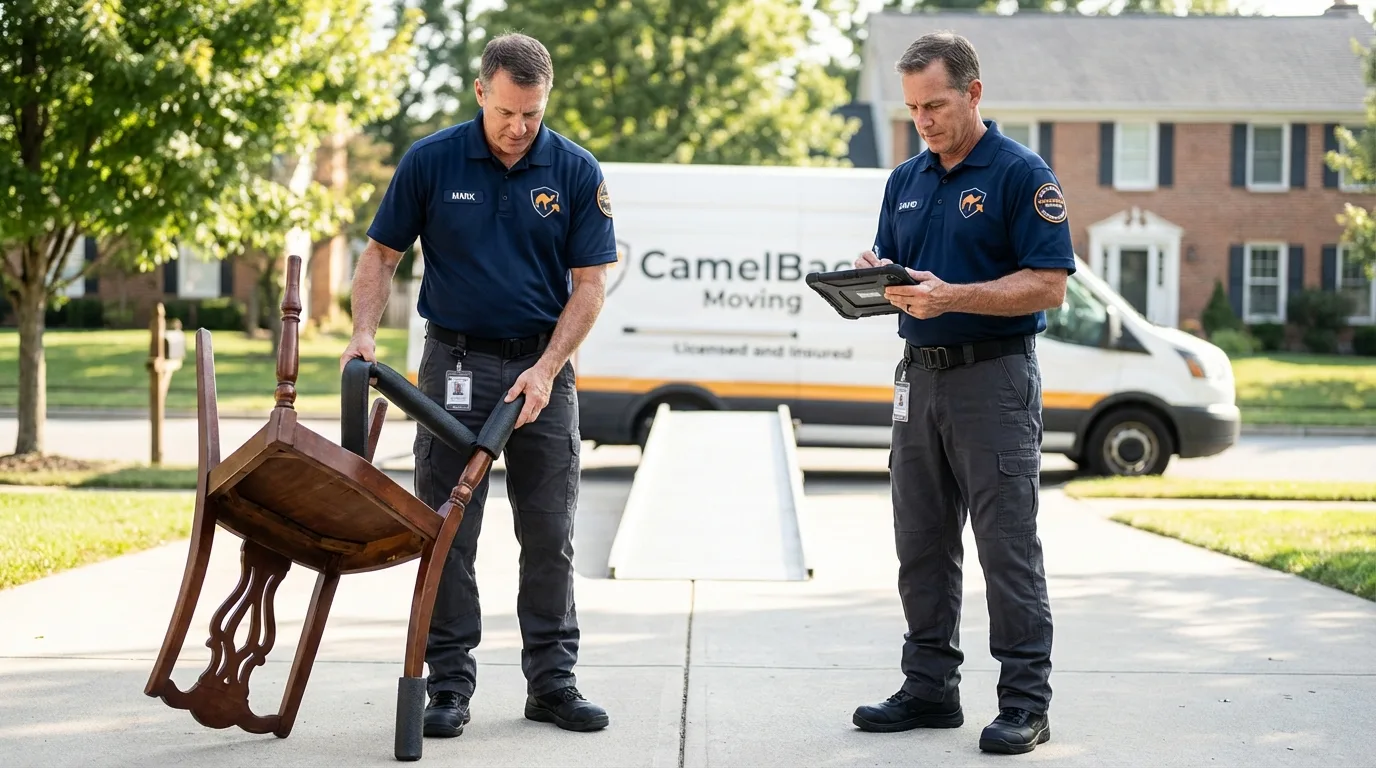 Movers inspecting furniture for damage prevention before loading in Wichita, KS