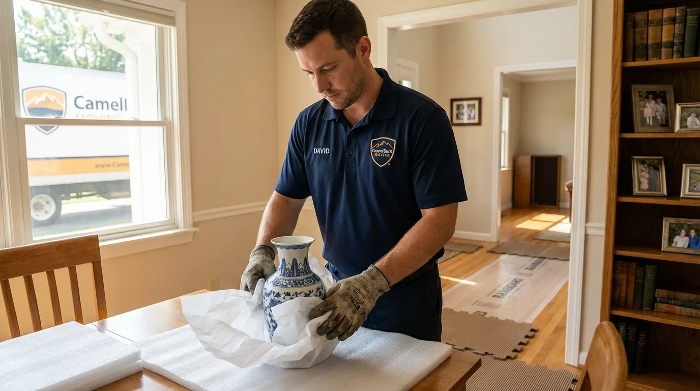 Professional crew carefully wrapping antique vase for senior downsizing move in Wichita, KS